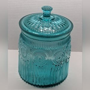 Pioneer Woman Classic Adeline Large Glass Cookie Storage Jar Embossed Turquoise